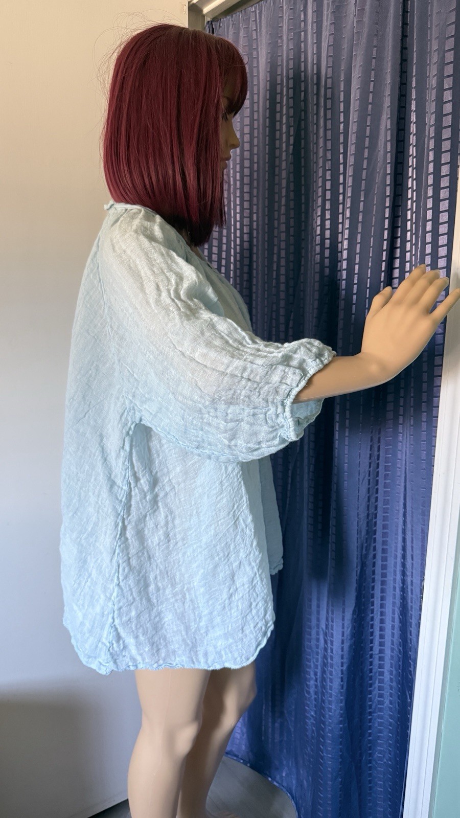 SAGA Italy Washed Sky Blue 100% Linen Gauze Boho Oversized Tunic Top
