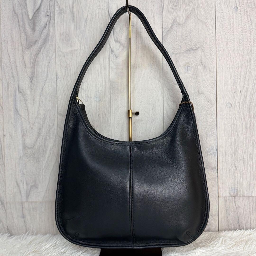 Vintage COACH Black Leather Shoulder Bag USA Made Logo Charm 12.6in