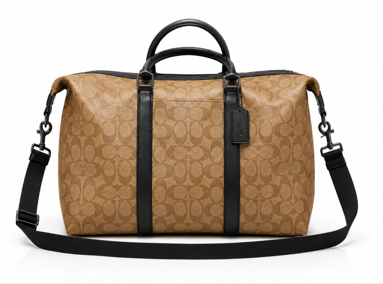 Large Coach SIgnature Travel Duffle Bag Khaki Canvas Black Leather Strap