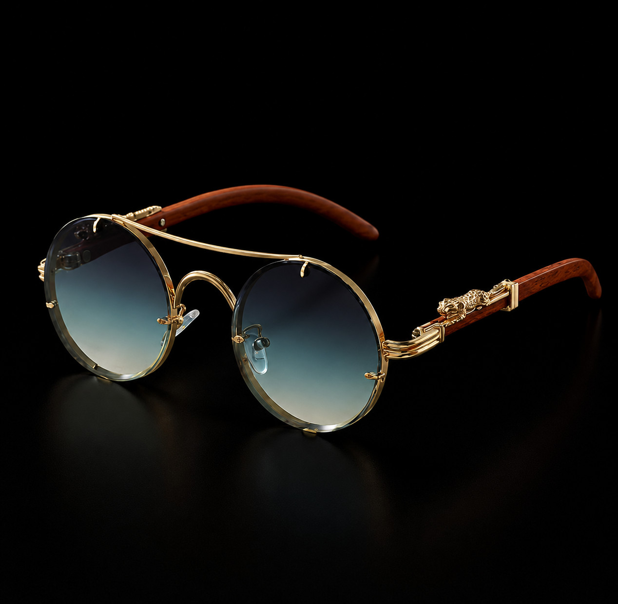 Luxury Unisex Round Sunglasses Gold Metal Frame Gradient Lenses Leopard Detail
