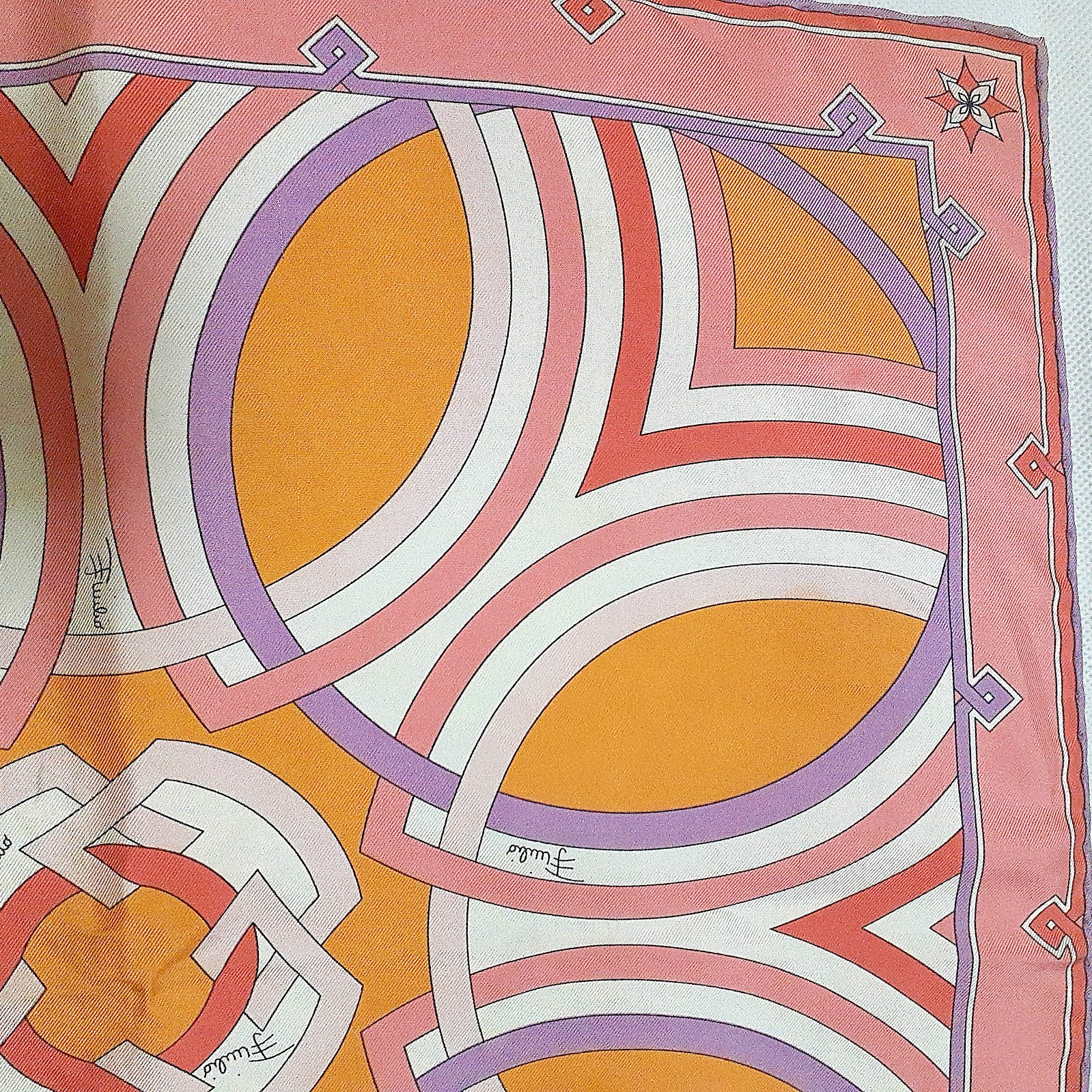 Emilio Pucci Silk Pocket Chief Mini Scarf Pink Orange Geometric Flower 40×41cm