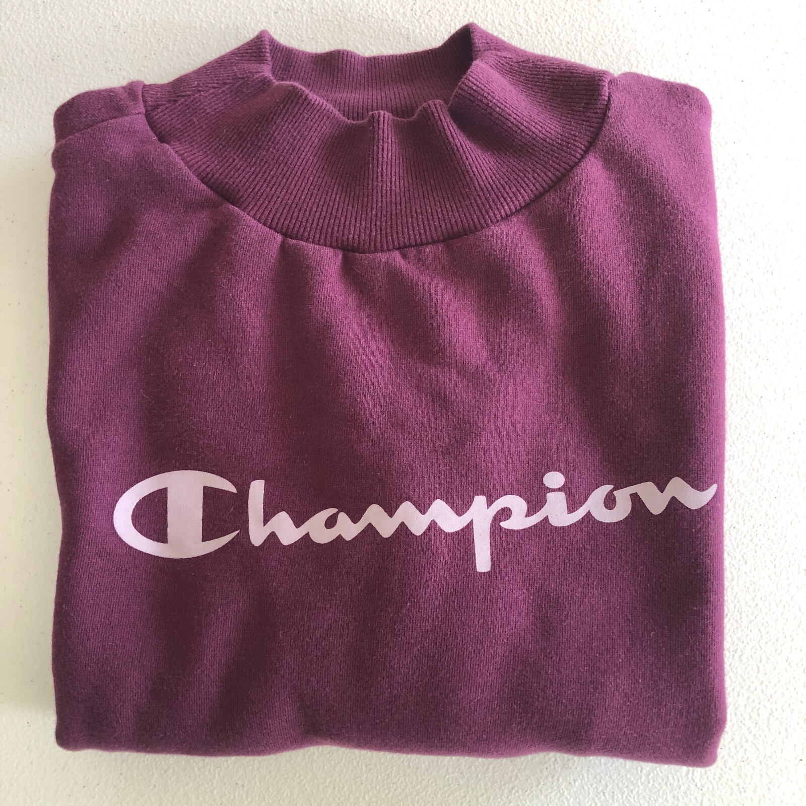 vtg Champion Mock Neck Sweatshirt Sz S Dark Magenta Cotton Blend Crop LOGO