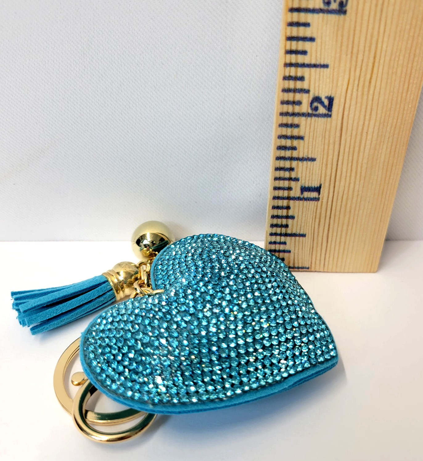 Heart Rhinestone Bling Bag Charm Keychain Tassel Blue Sparkle NEW