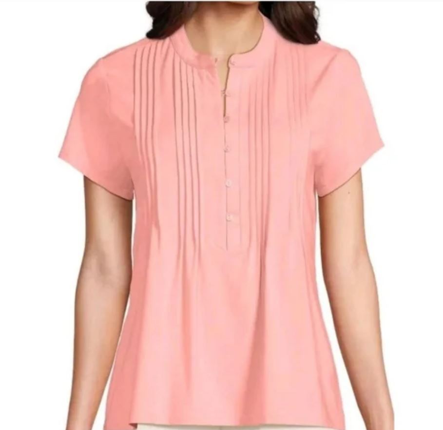 Lands’ End Short Sleeve Lightweight Jersey Button Pintuck Top, Pink, Small
