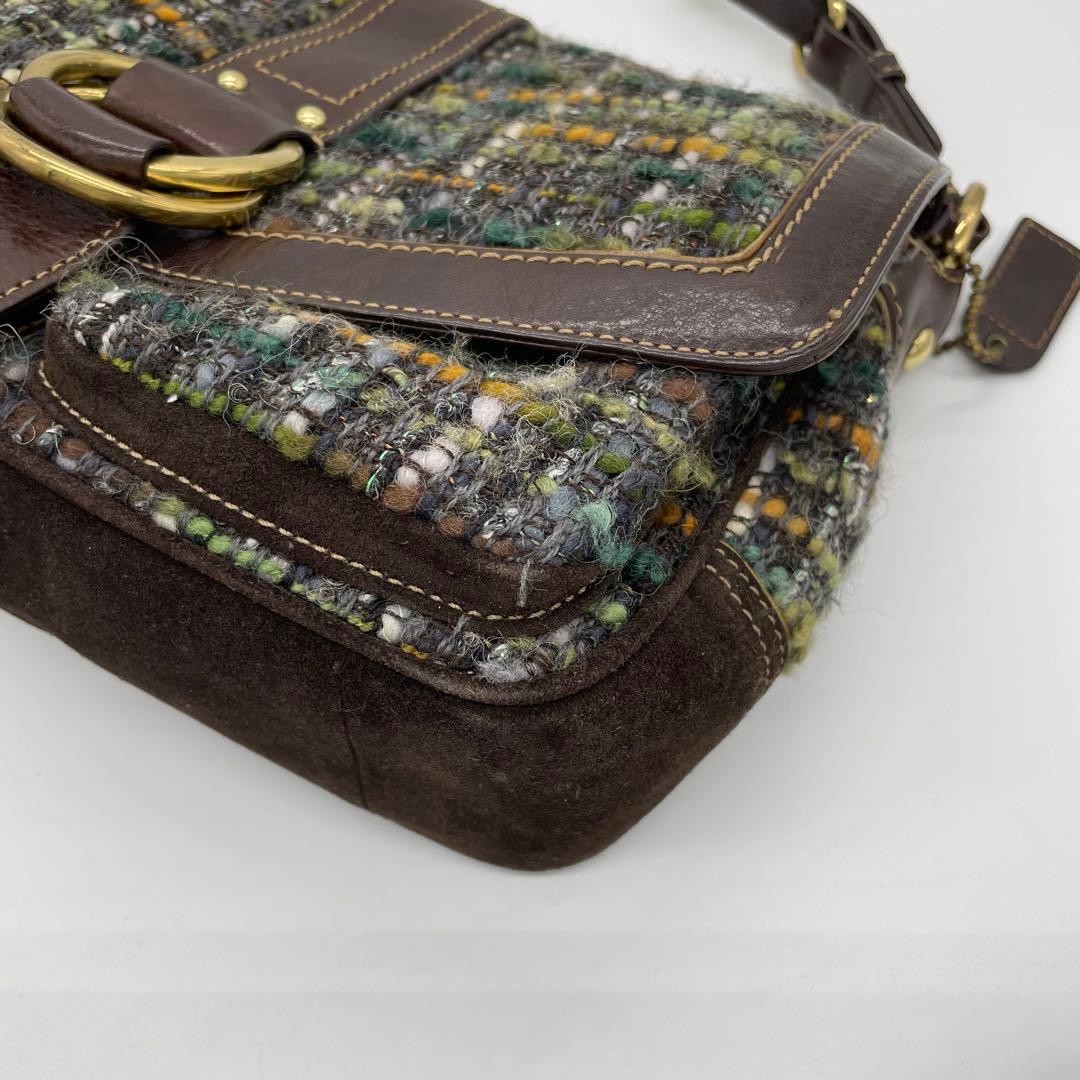 COACH 8F18 Shoulder Bag Handbag Wool Leather Suede Multicolor Brown Green Blue