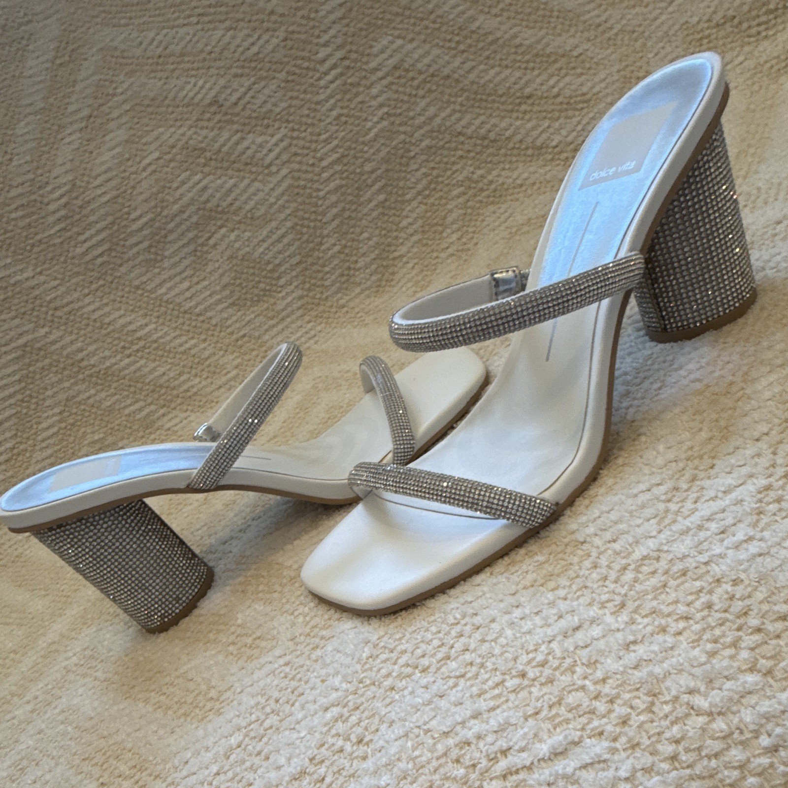 Dolce Vita White/Silver Rhinestone Strappy Square Toe Slip-On Block Heel 8