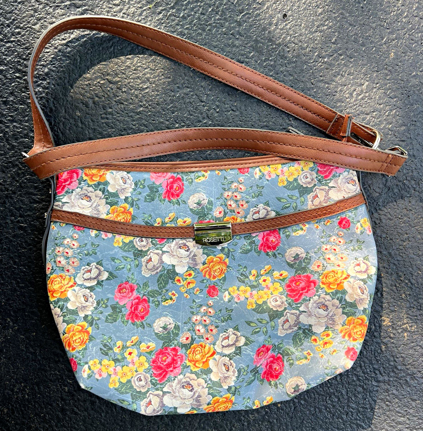 Rosetti Floral Crescent Shoulder Bag Blue/Brown Zip Top Lined Adjustable Strap