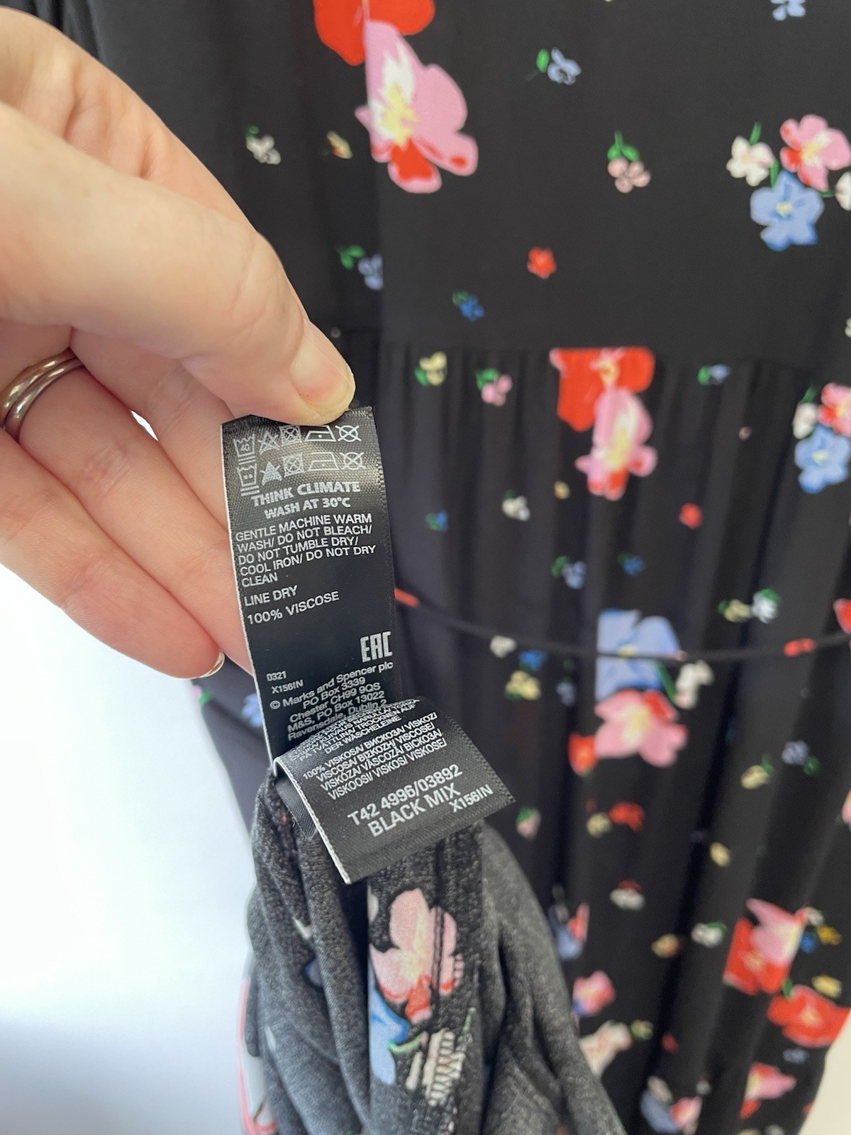 M&S Floral Print Midi Dress Size 24 Black Multi Tiered Button Detail Belted