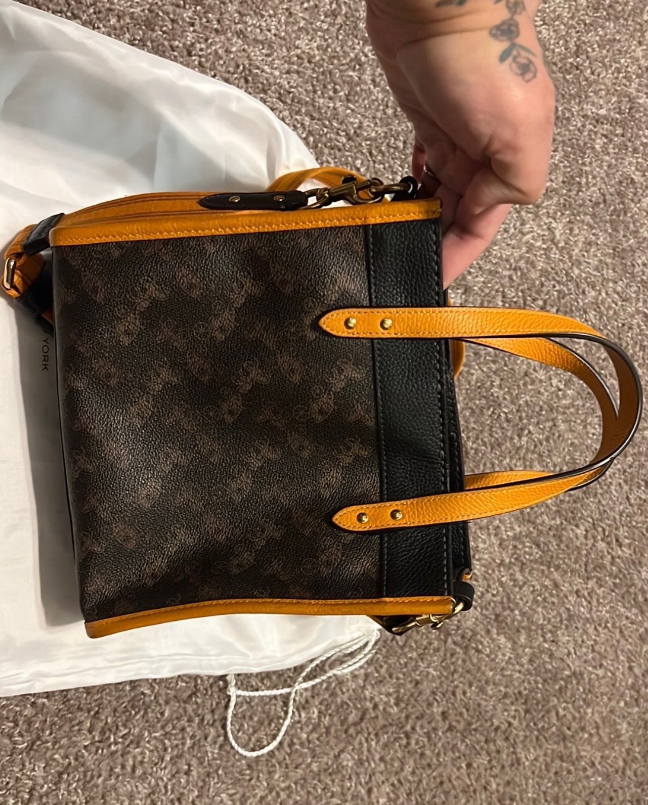 Coach Small Tote Bag Brown/Black/Orange w Detachable Strap Dust Bag Snap