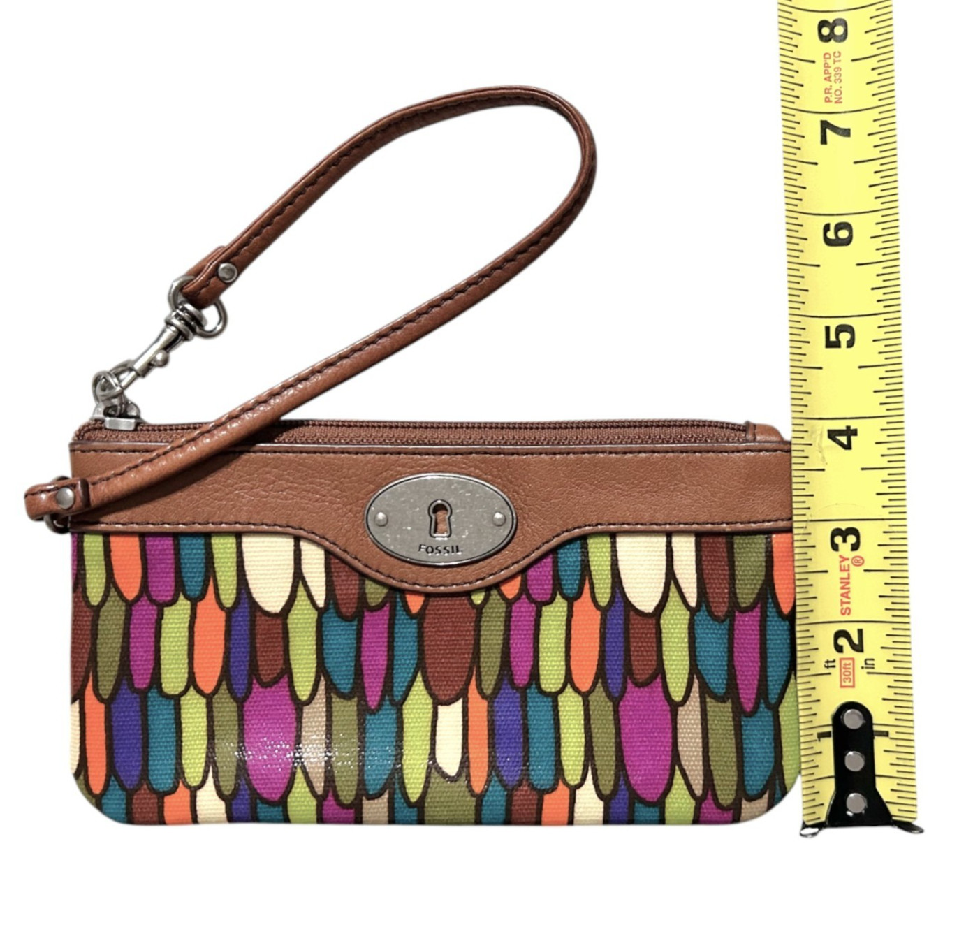 Fossil Key-Per Corner Zip Wristlet Wallet Multi Color Coated Canvas Leather Trim