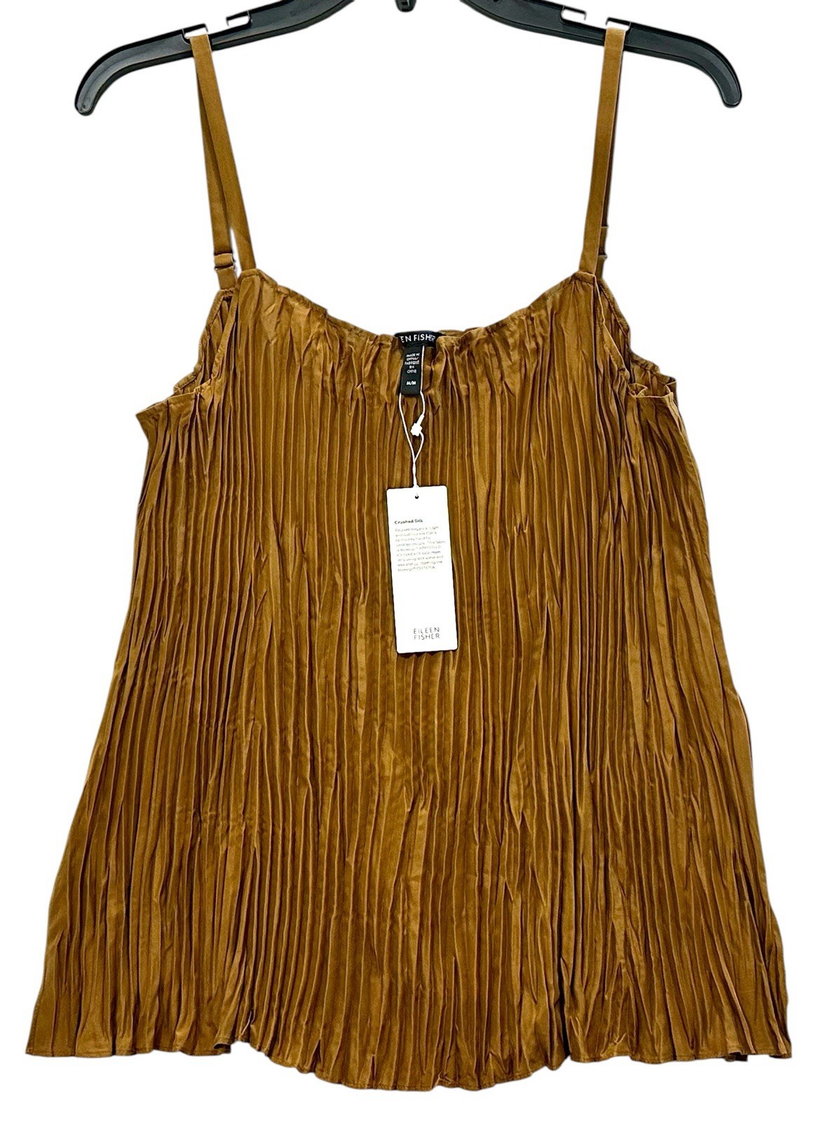 Eileen Fisher Crushed Crinkle Silk Cami Scoop Neck Spaghetti Strap Bronze M NEW