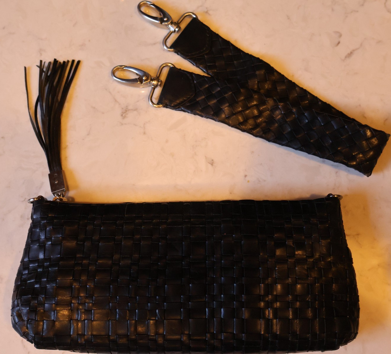 EXCELLENT WOVEN Elliott Lucca BLACK Leather Handbag Purse SHOULDER CLUTCH 11″X5″