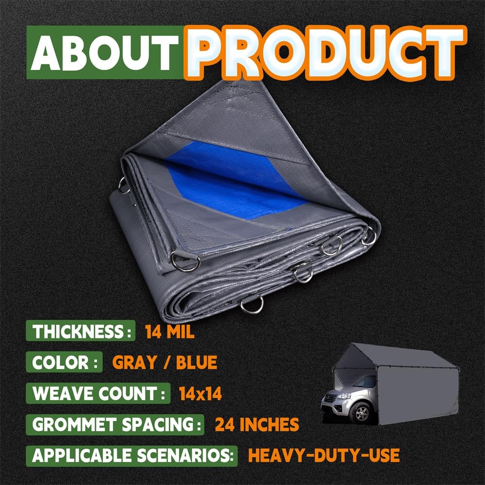 RAINDEWAY 8×12 ft Heavy Duty Waterproof Tarp – 14 Mil, UV Resistant