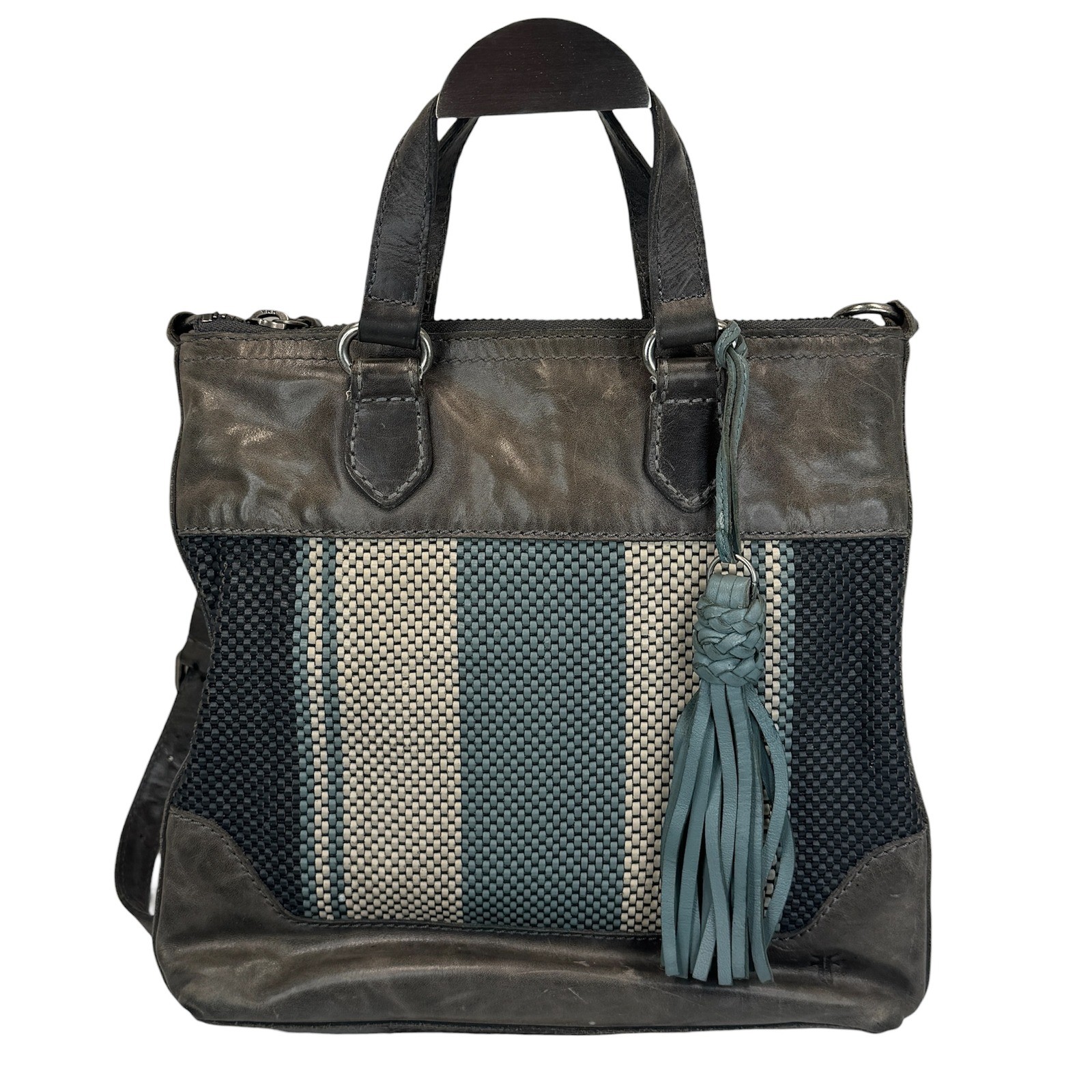 Frye Melissa Striped Crossbody Satchel Grey Leather Woven Bag Tassel Charm
