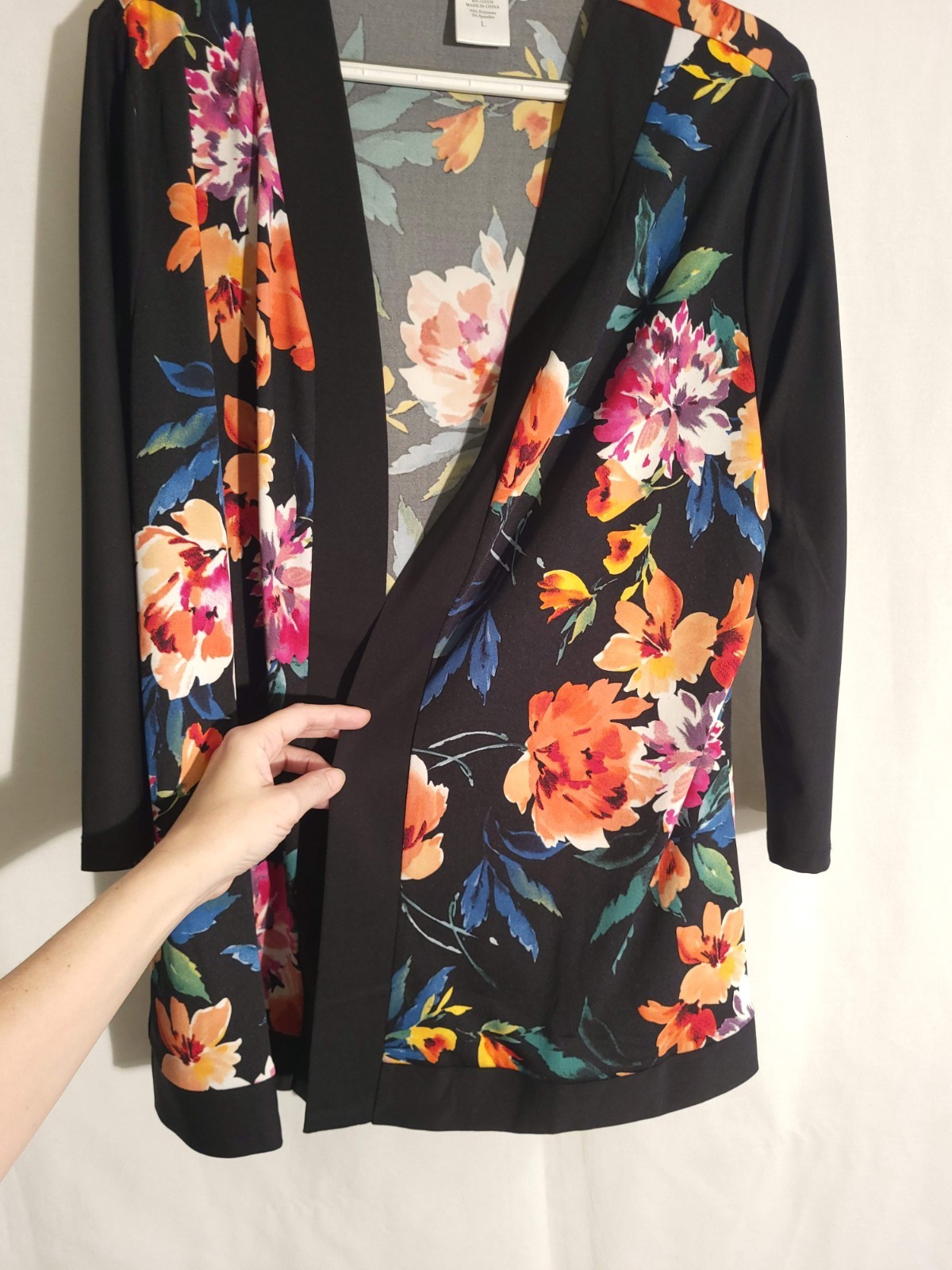 Slinky Brand-Black Orange Purple Blue Floral ong Sleeve Open Front Top-LARGE
