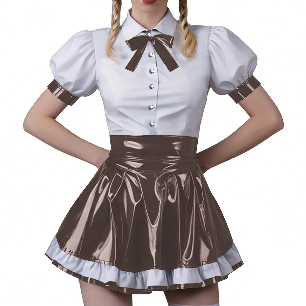 Women Vinyl PVC Bodycon Maid Sets Sweet Sexy Top Party Cosplay Unifom Skirt