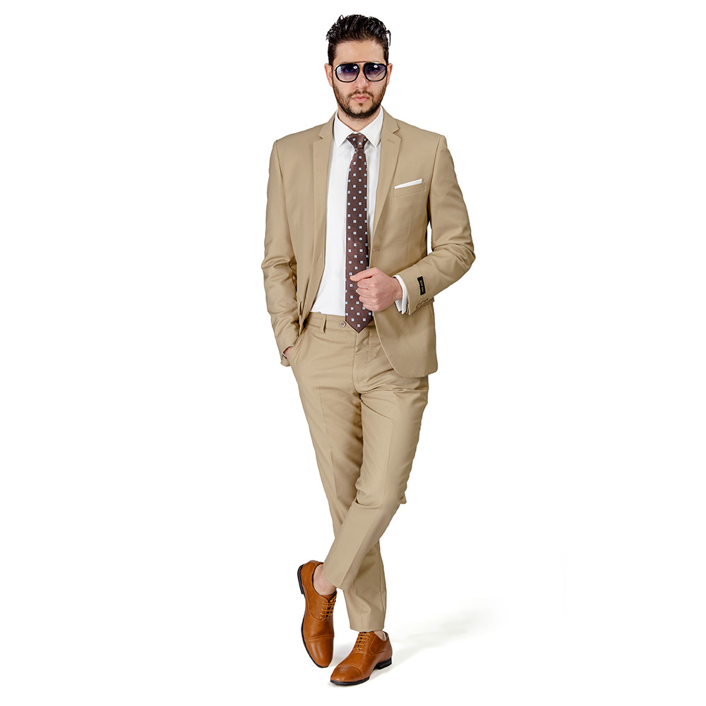 Tan Beige Slim Fit Men Suit 2 Button Notch Lapel Azar Man Vest Optional 4030-10