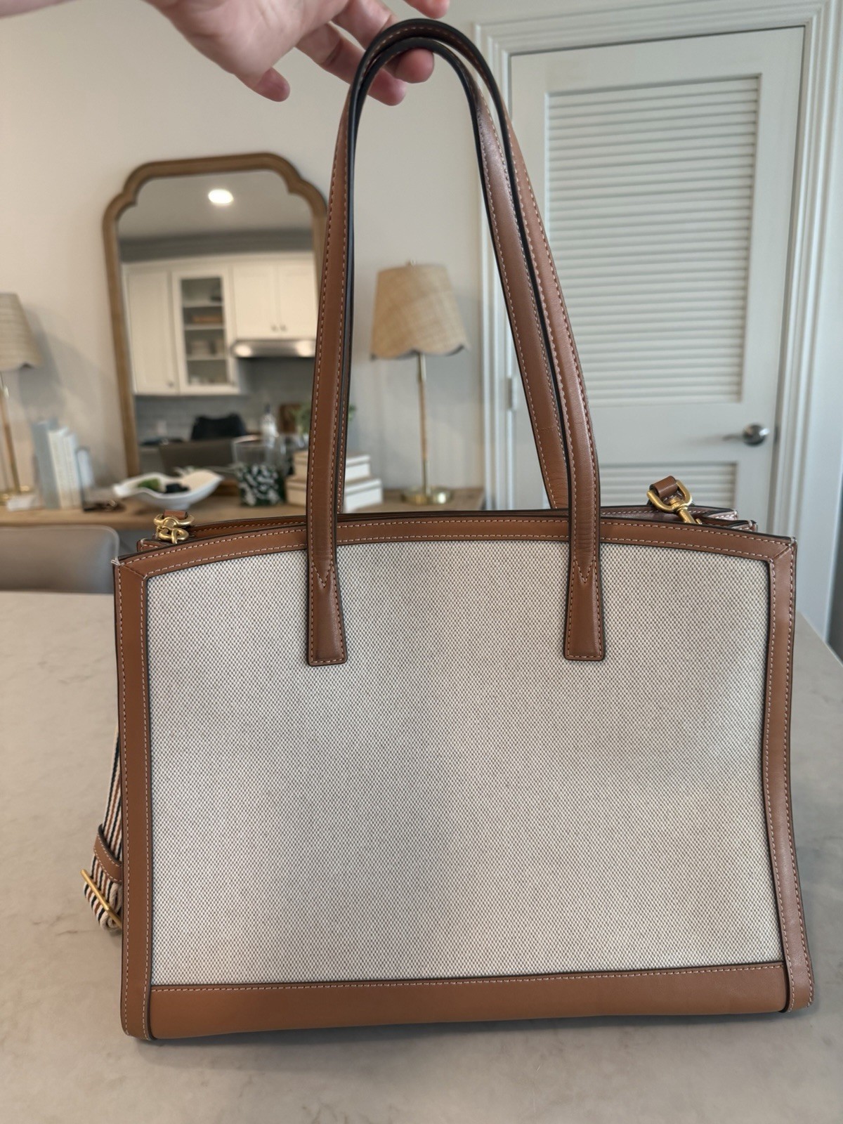 Tory Burch Striped Tote Bag Beige/Brown Zip Closure Adjustable Detachable Strap