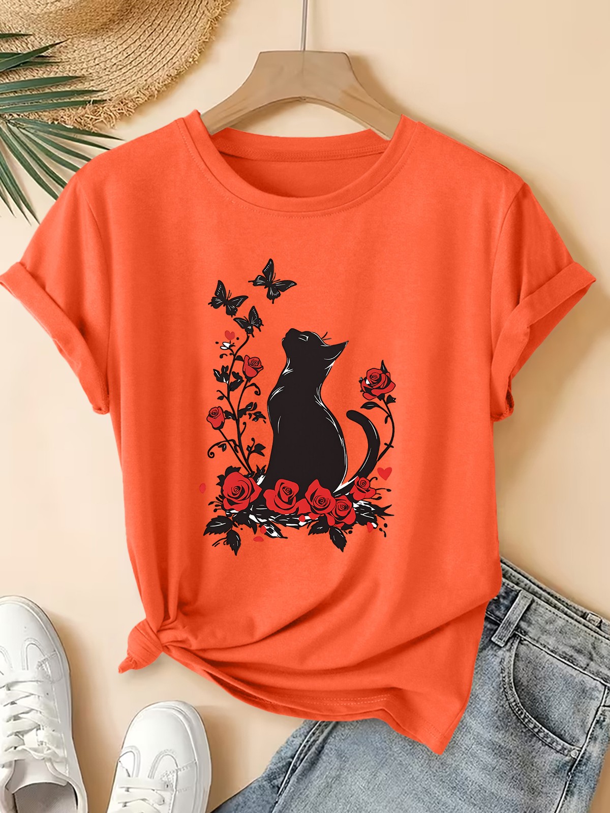 Summer Women’S Round Neck Short Sleeve T-Shirt Cat Butterfly Print Casual Top▧