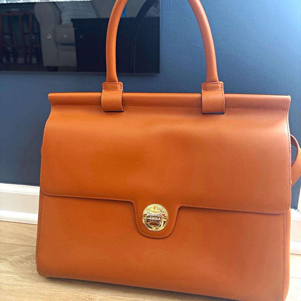 JEMMA Brown Satchel Top Handle Bag, Detachable Strap, Turn Lock