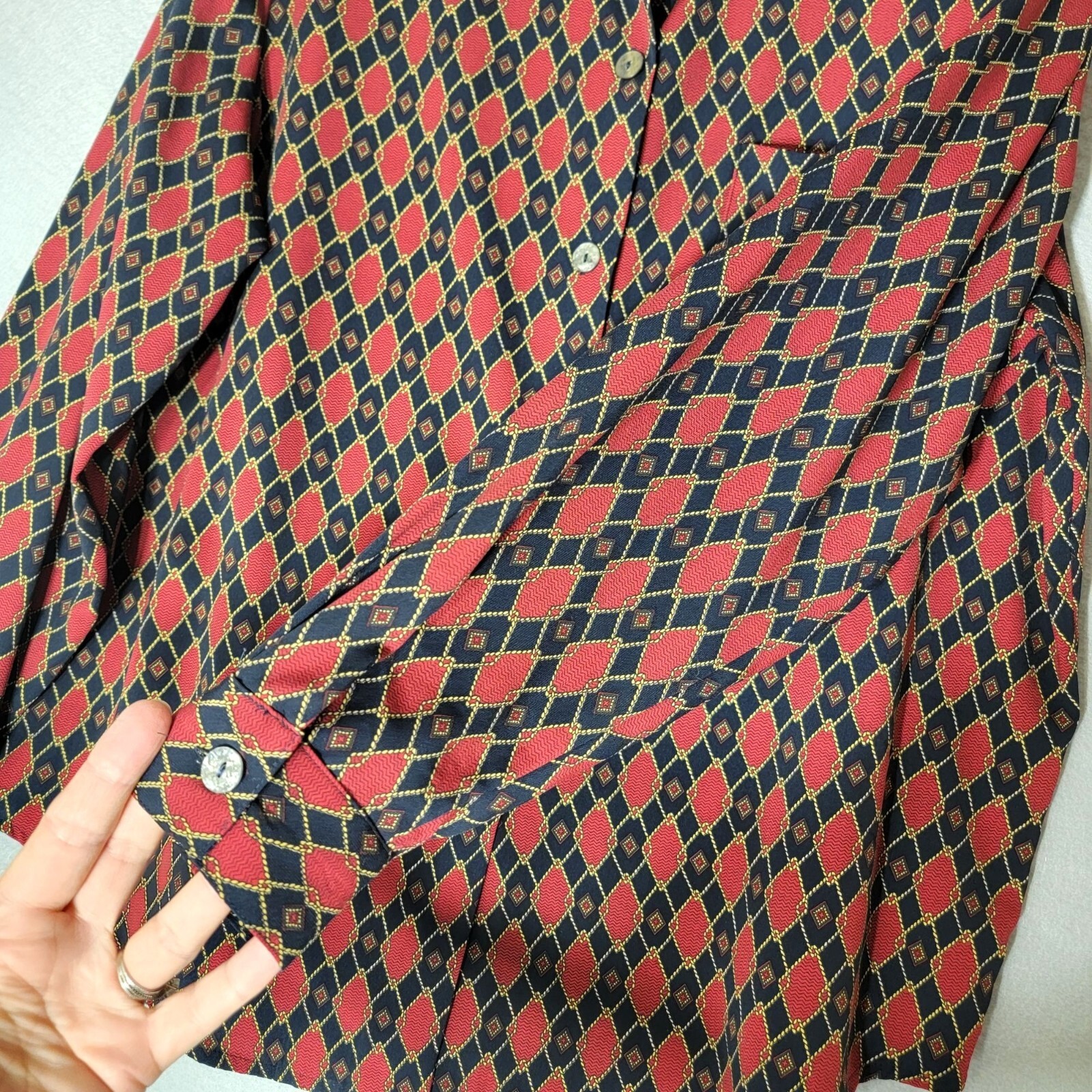 Vtg Secretary Blouse Womens 1X Chain Print Buttons Padded Retro Office Mature