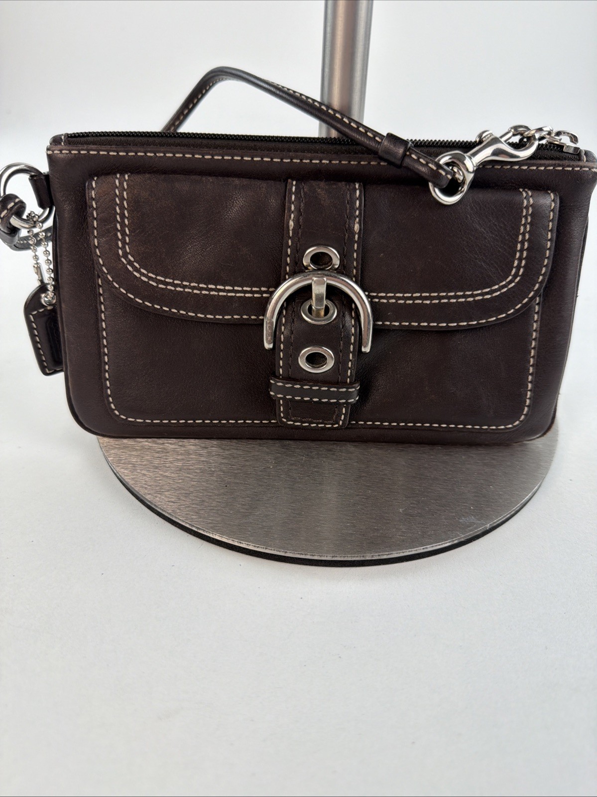 Coach Leather Brown Wristlet with Buckle Accent, Silver Hardware, Wrist Strap