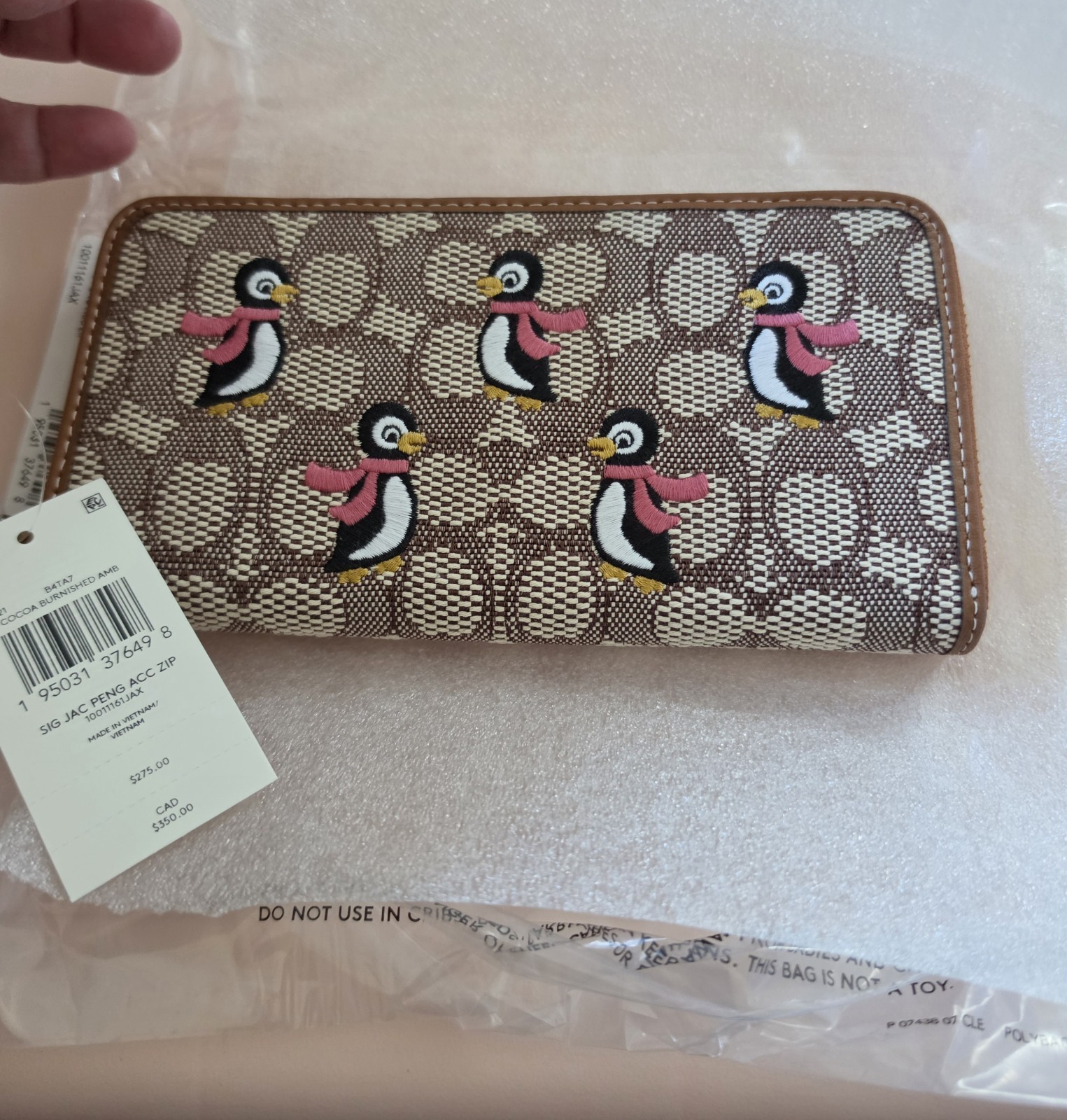 Coach Signature Logo Penguin Zip-Around Wallet Brown Beige Pink