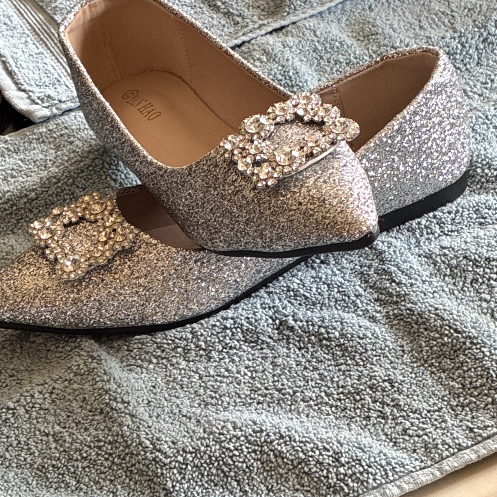 Silver Glitter Pointed Toe Slip-On Ballet Flats Rhinestone 10