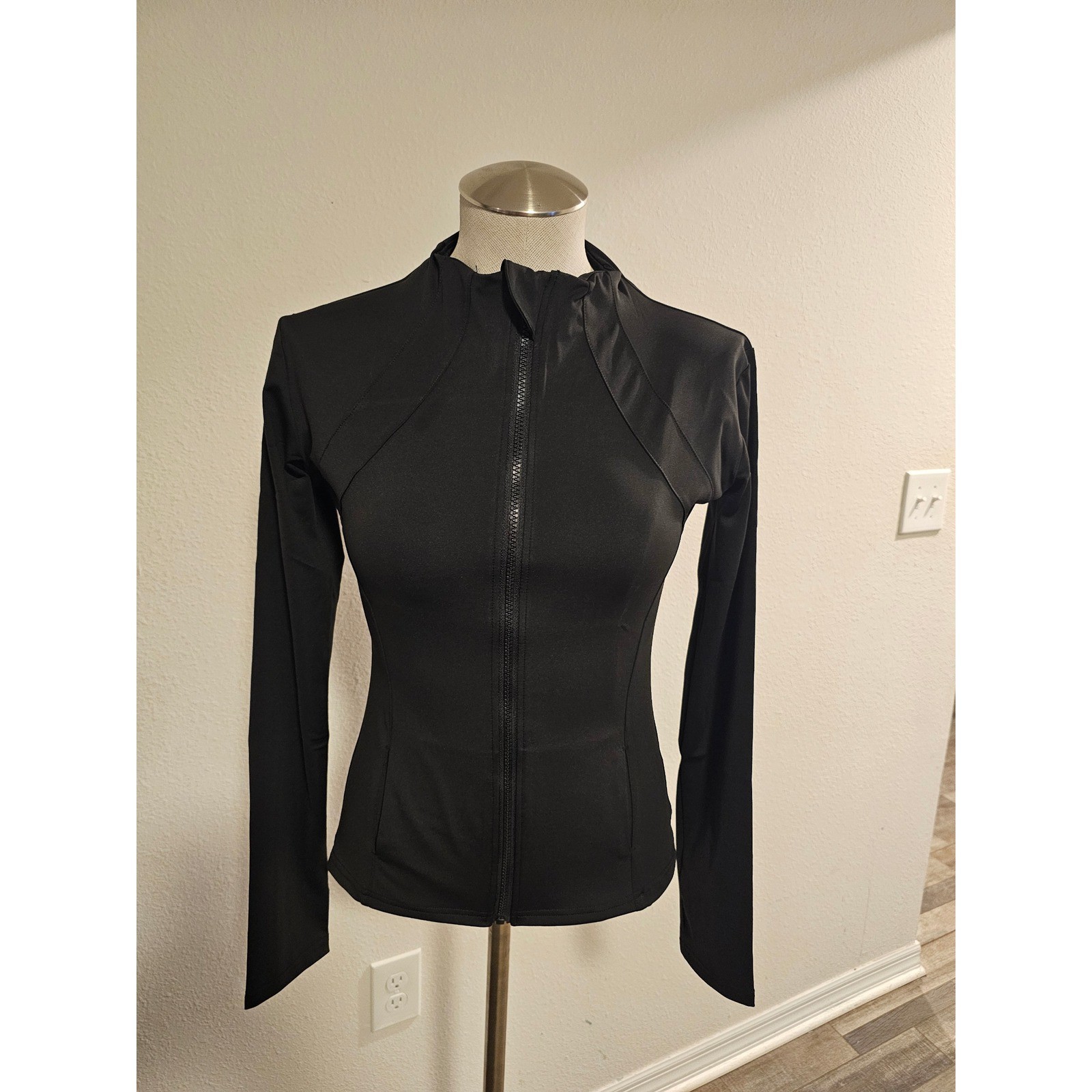 Womens Black Full Zip Mock Neck Athletic Track Jacket Size L