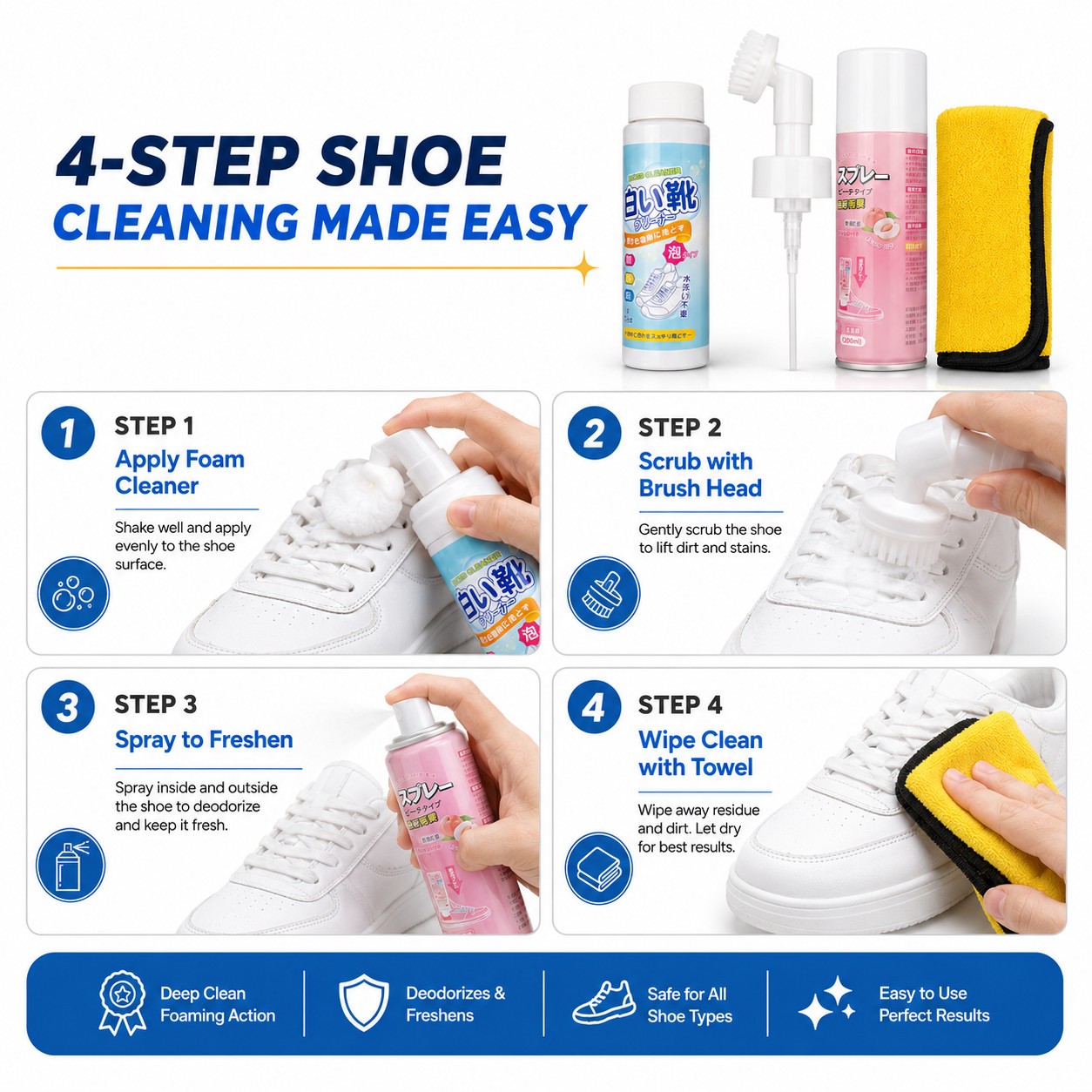 All-in-One Shoe Care Kit Cleaner Spray Brush Towel for Daily Shoe Cleaning