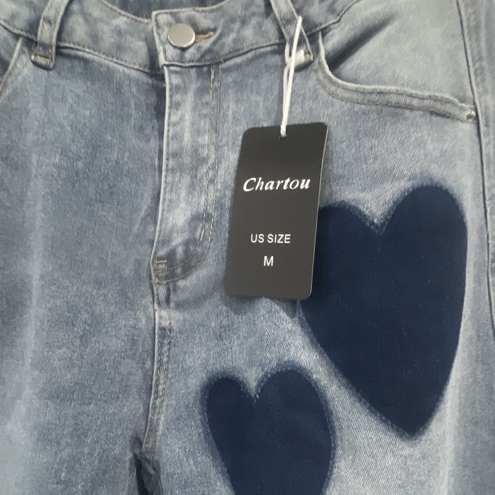 Chartou Women’s Blue Denim Heart Pattern Jeans, Button Closure, 5-Pocket, M