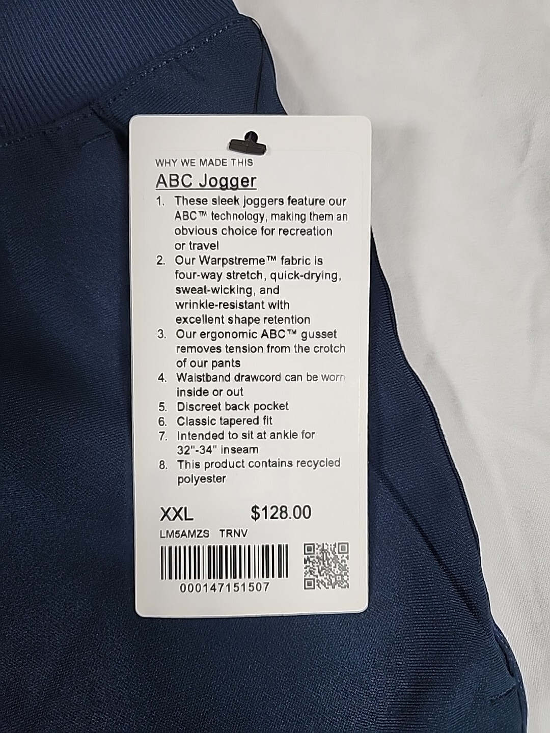 2XL Lululemon ABC Men Jogger Pants True Navy New with Tags LM5AMZS Retail $128