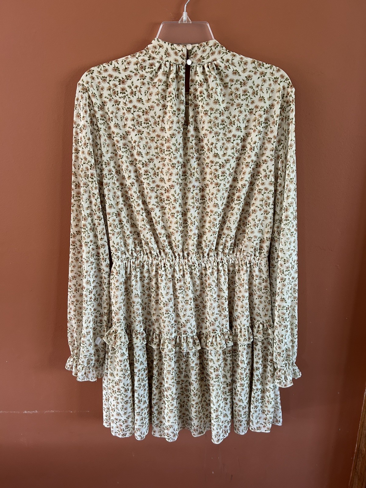 Sadie & Sage Dress Long Sleeve Brown Ditsy Floral Mesh High Neck Mini Sz XL NEW