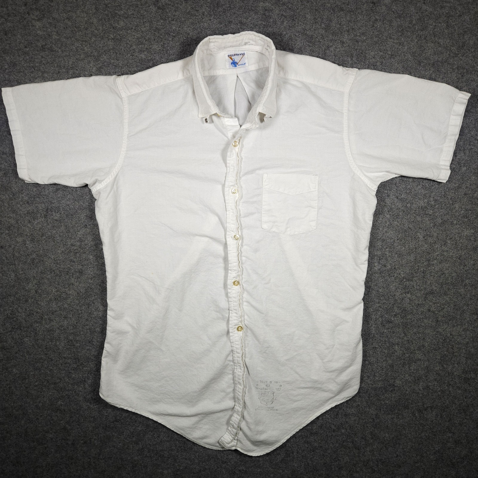 VTG 60s Golden Vee Shirt Mens White Oxford Ivy League Hidden Snap Factory Stamp