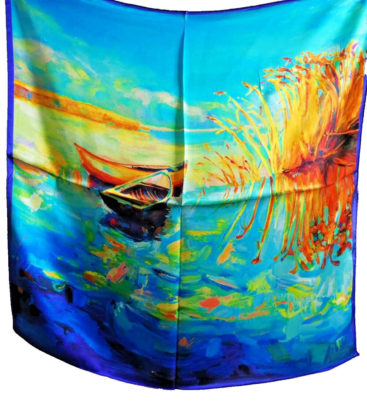 26″X26″Boats in Autumn Print Pure Mulberry Satin Silk 12momme Scarf 65x65cm4-75