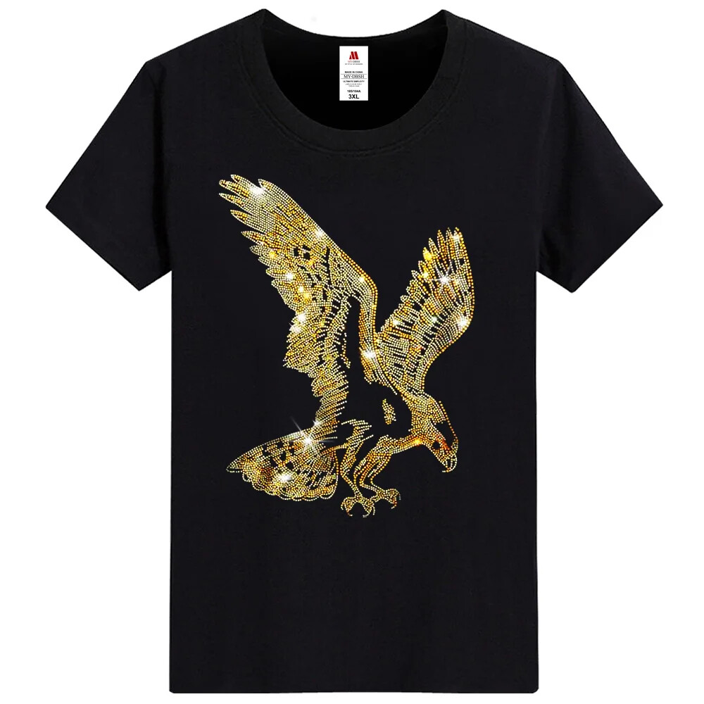Men Fashion Diamonds T-Shirt Eagle 3D Rhinestones Hot Drill Summer Short Sleeve