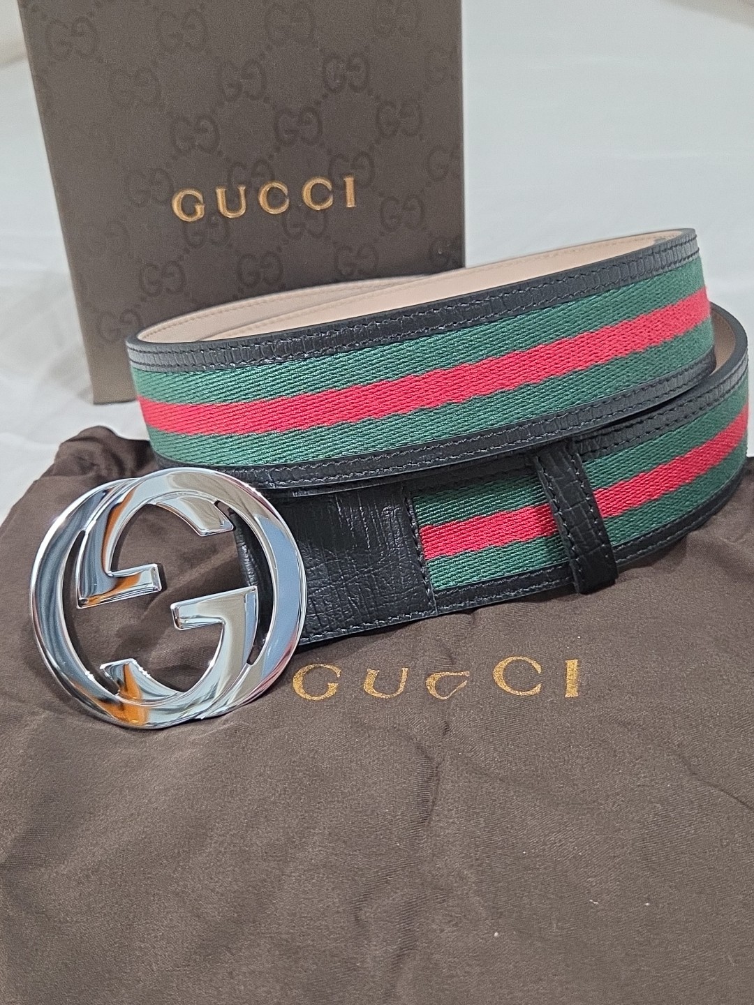 Gucci Black Green Red Striped Web Belt Authentic Size 36-38 IT 105CM