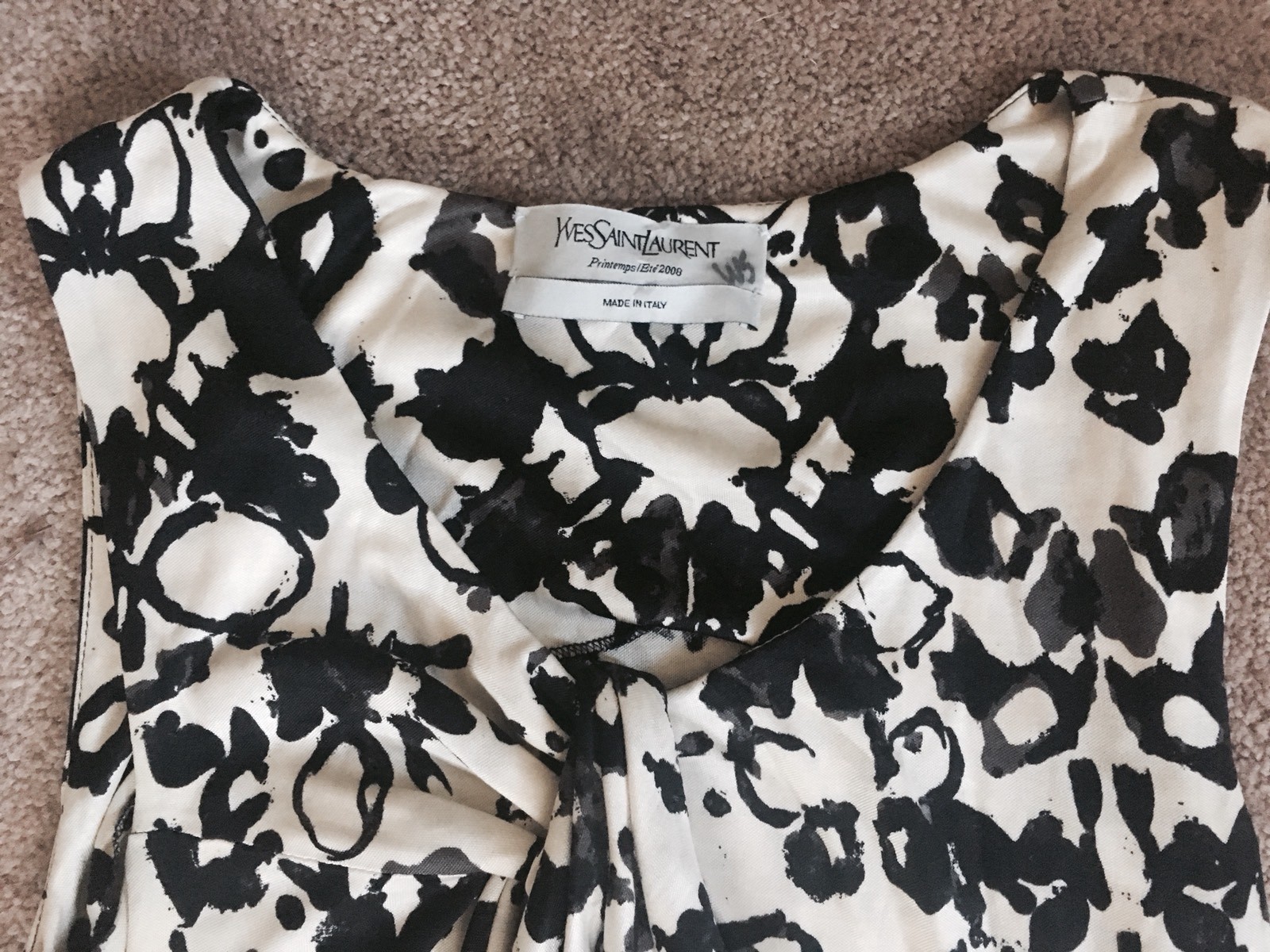 YSL Yves Saint Laurent BIack White Abstract Floral Sheath Dress Sz Small