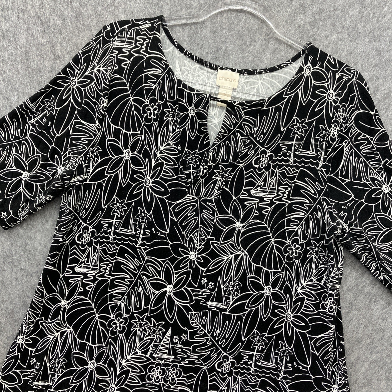 Chicos 2 Jersey Knit Shift Dress Womens Large Black Tropical Resort Cruise
