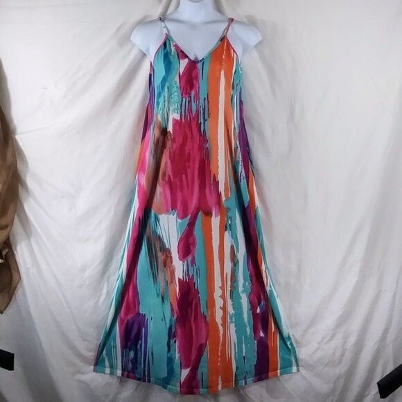 Source Unknown Women’s Blue Orange Sleeveless Pockets Flared Midi Dress Size M