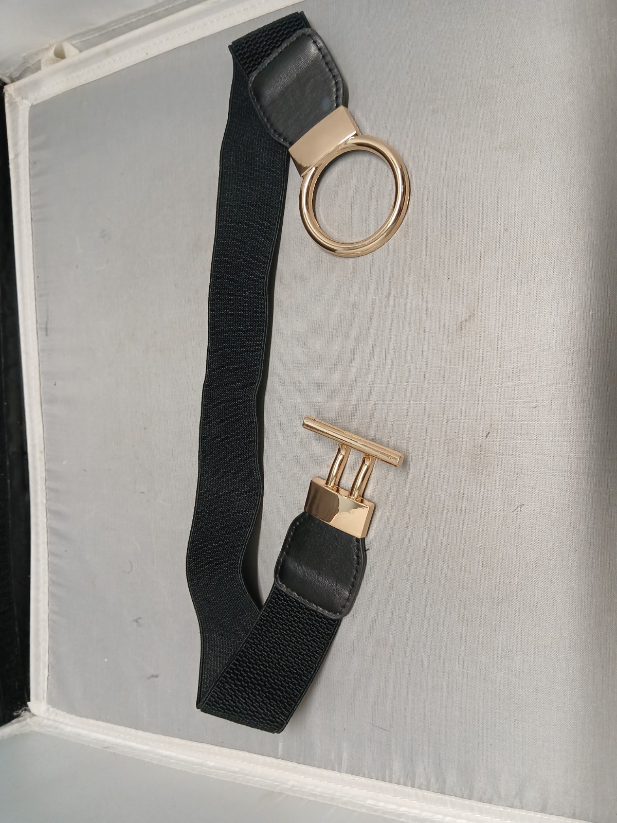 Women’s Black Skinny Elasticated Stretch Waistband Black Round Gold Hook Buckle