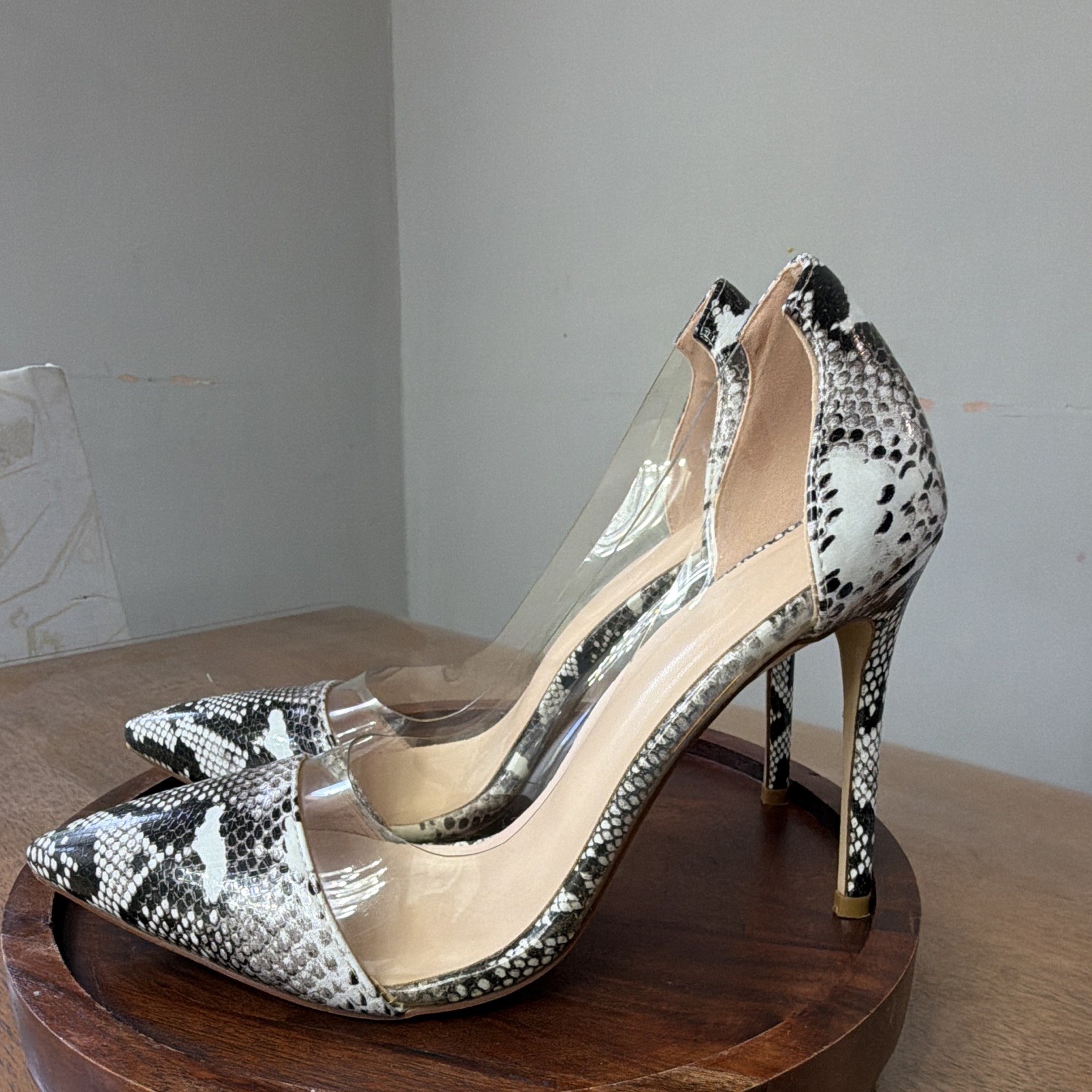 Women’s Pointed Toe Stiletto Pump Heels Snake Print Clear PVC Slip On 6
