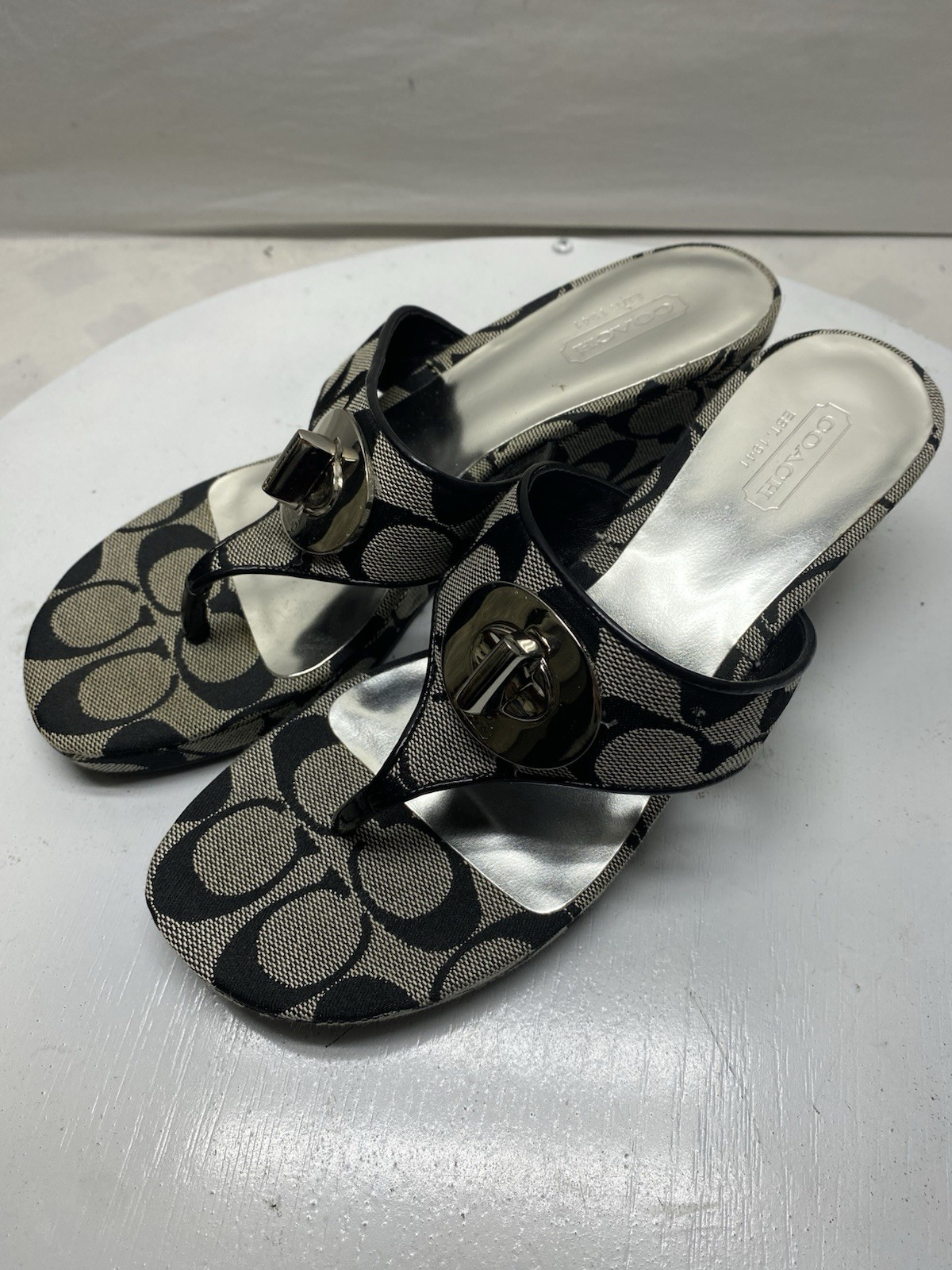 Vintage Coach CC Monogram Black and Beige Wedge Sandals with Turn Lock Size 6