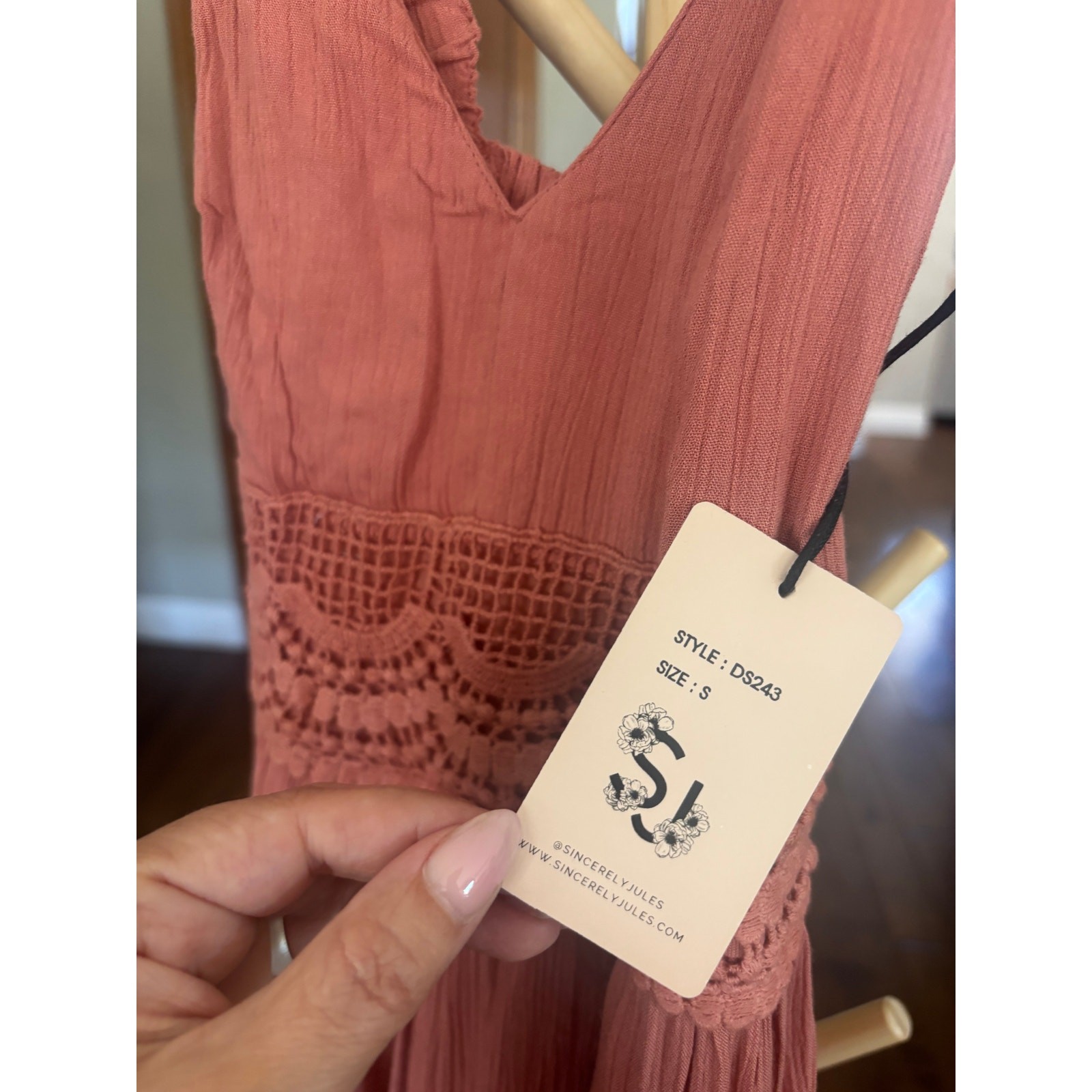 Sincerely Jules Terracotta Rose Crochet Ruffle Flutter Strap Mini Dress S NWT