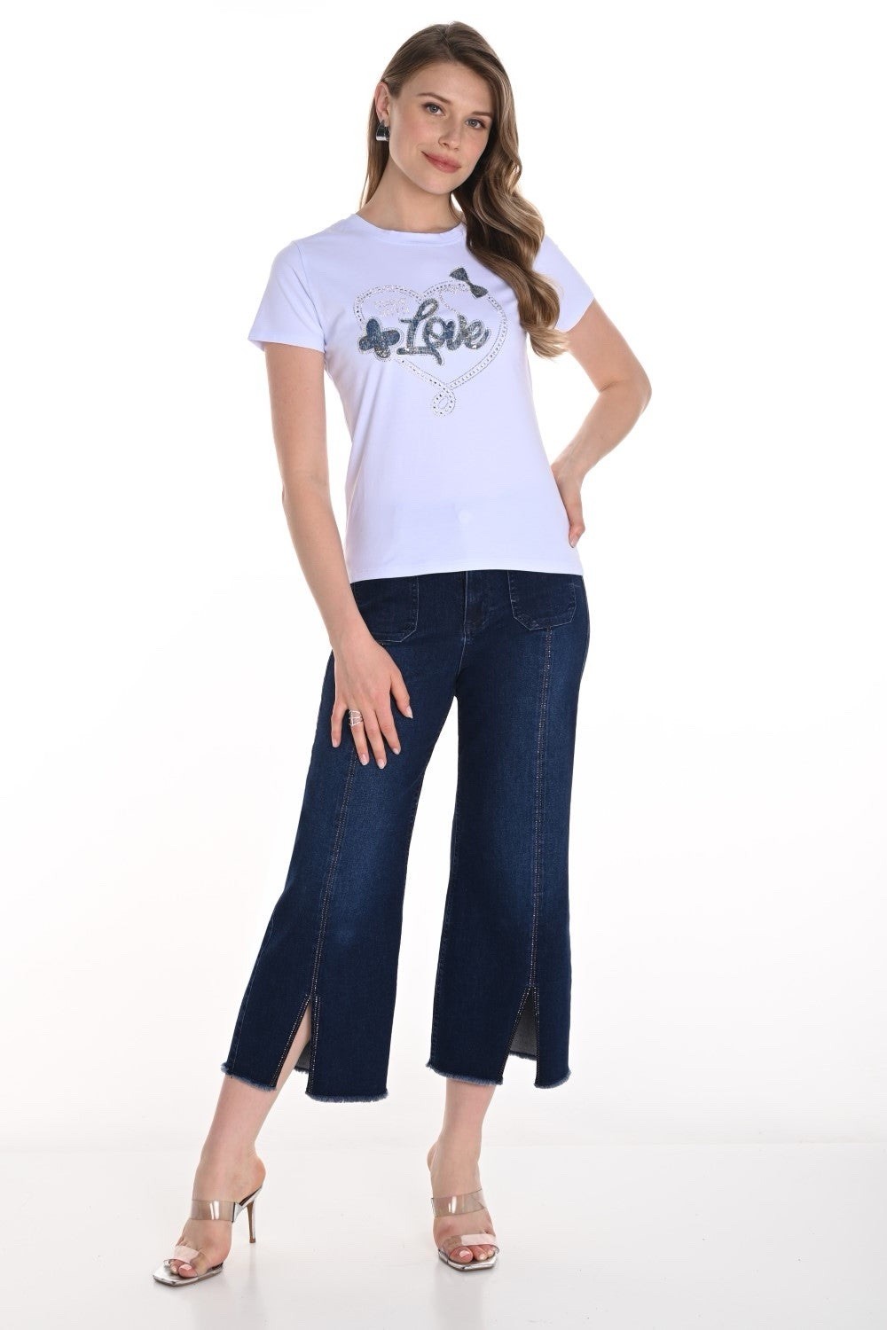 NWT Frank Lyman 256797U Blue Cropped Wide Leg Jeans Rhinestone Hem Womens Size L