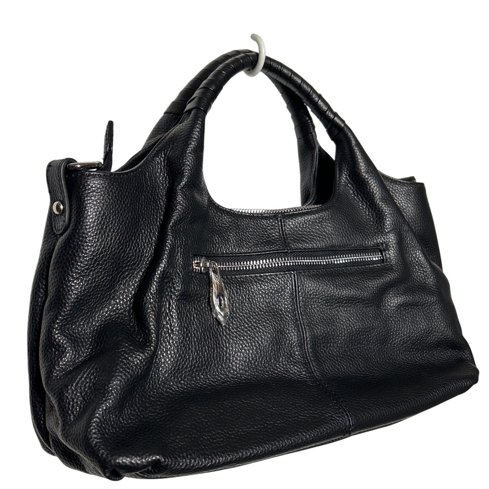 Iswee Leather Hobo Handbag Black Textured Silver Hardware 13″ Long 6.75″ Tall