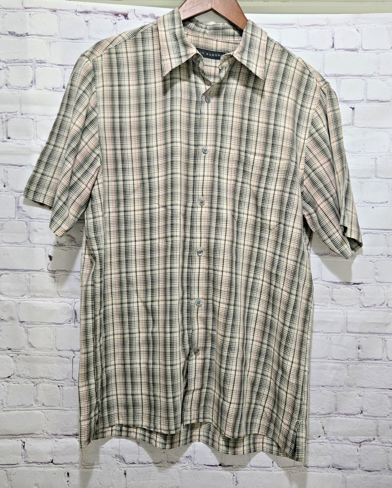 Via Europa Mens M Short Sleeve Button Down Shirt Tan Black Orange Plaid Pocket