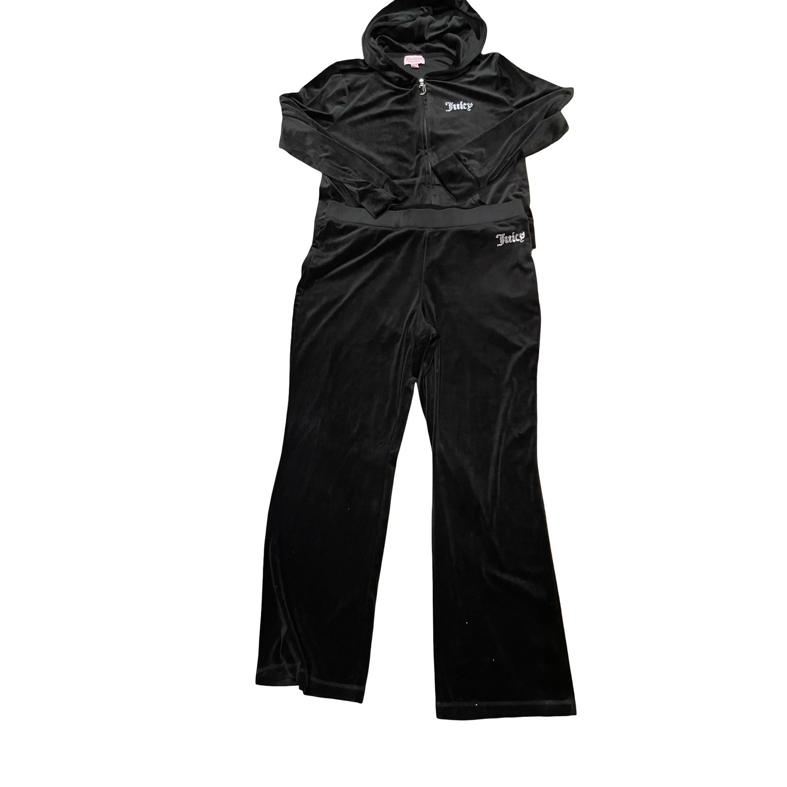 Juicy Couture Black Velour Tracksuit Rhinestone Logo Hoodie Pants Set y2k L