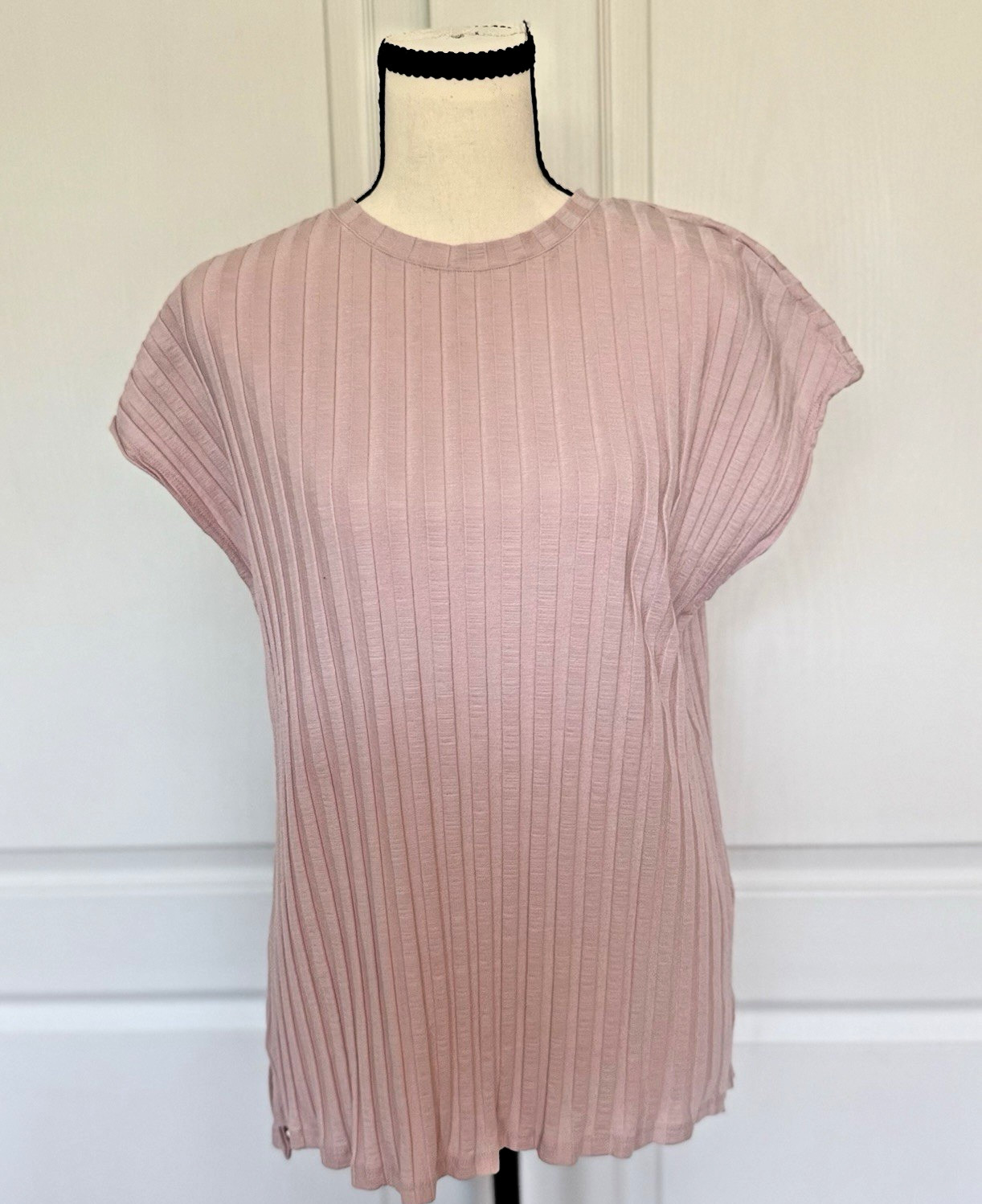EILEEN FISHER Wide Rib Top Szie M Lagenlook Crew Neck Stretch Pale Pink