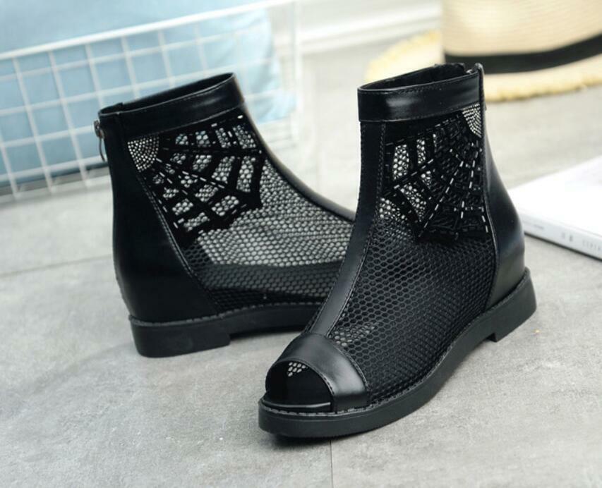 Women’s Roman Sandals Ankle Boots Peep Toe Low Hidden Wedge Heel Mesh Net Shoes